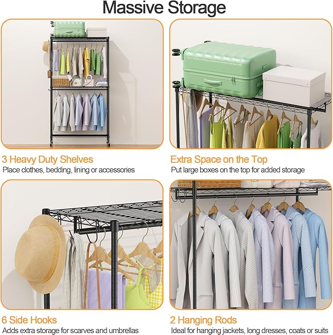 👗Metal Clothes Rack - Heavy Duty Rolling Garment Rack with Wheels & 6 Hooks, Adjustable Wardrobe Closet for Hanging Clothes (43''L x 18''W x 81''H)