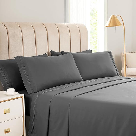 🛌KKN 6-Piece Queen Sheet Set - Luxury Hotel Bedding for Women & Men, Soft & Cooling Brushed Microfiber with Deep Pockets, Wrinkle-Free & Easy Care（Dark Gray）