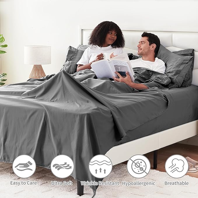 🛌KKN 6-Piece Queen Sheet Set - Luxury Hotel Bedding for Women & Men, Soft & Cooling Brushed Microfiber with Deep Pockets, Wrinkle-Free & Easy Care（Dark Gray）