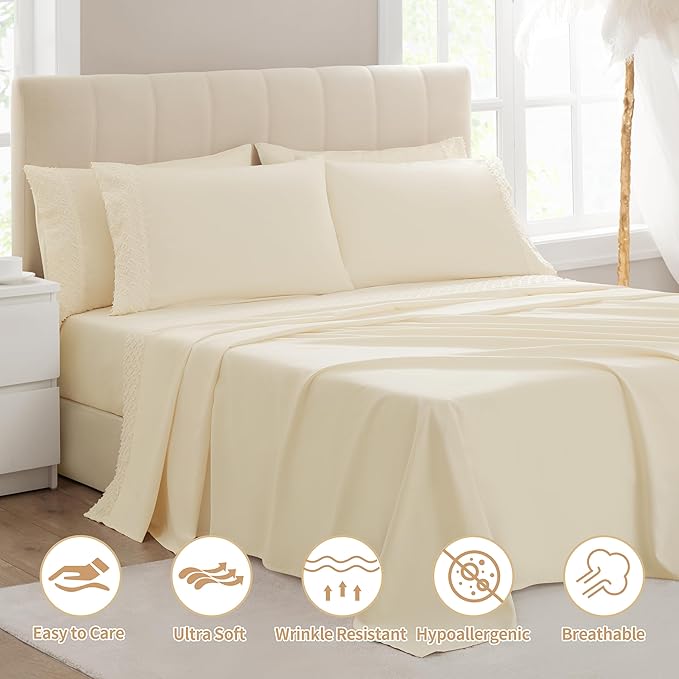 🛌KKN 6-Piece Queen Sheet Set - Luxury Hotel Bedding for Women & Men, Soft & Cooling Brushed Microfiber with Deep Pockets, Wrinkle-Free & Easy Care（Beige）