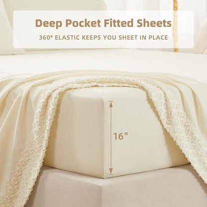 🛌KKN 6-Piece Queen Sheet Set - Luxury Hotel Bedding for Women & Men, Soft & Cooling Brushed Microfiber with Deep Pockets, Wrinkle-Free & Easy Care（Beige）