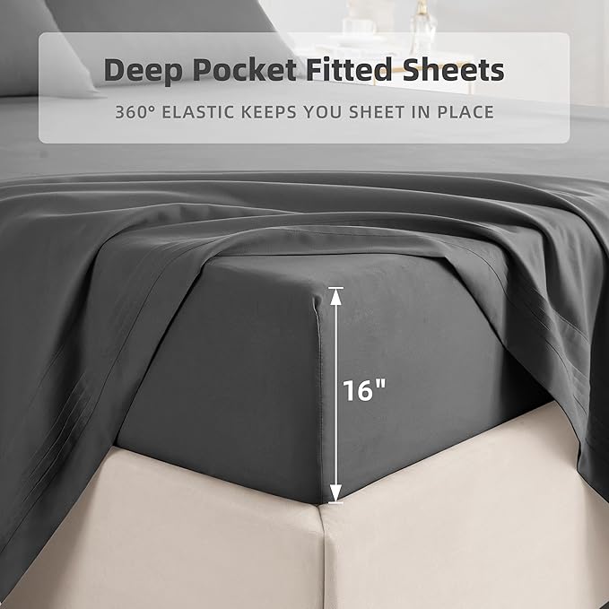 🛌KKN 6-Piece Queen Sheet Set - Luxury Hotel Bedding for Women & Men, Soft & Cooling Brushed Microfiber with Deep Pockets, Wrinkle-Free & Easy Care（Dark Gray）