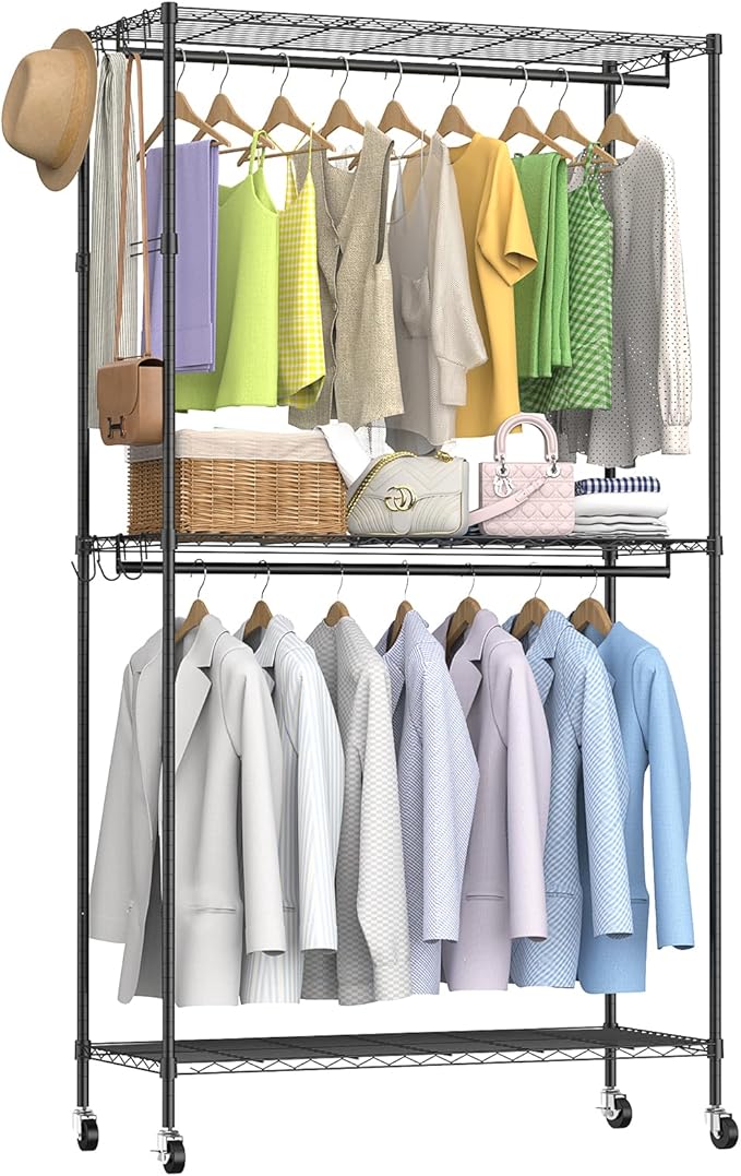 👗Metal Clothes Rack - Heavy Duty Rolling Garment Rack with Wheels & 6 Hooks, Adjustable Wardrobe Closet for Hanging Clothes (43''L x 18''W x 81''H)