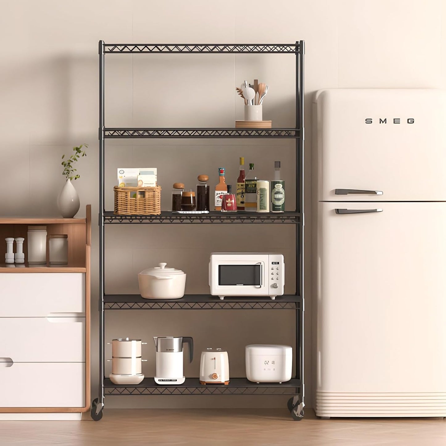 🛠️KKN 3-Tier Heavy Duty Storage Shelves - Adjustable Metal Wire Rack with Wheels & Feet for Pantry, Garage, Kitchen, Warehouse (47.27''L x 18''W x 39.27''H, Black)