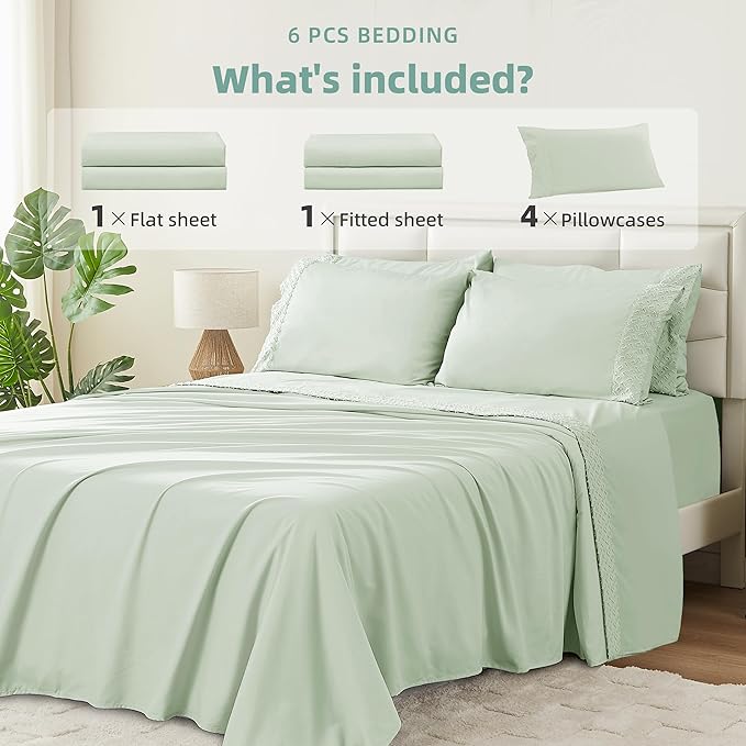 🛌KKN 6-Piece Queen Sheet Set - Luxury Hotel Bedding for Women & Men, Soft & Cooling Brushed Microfiber with Deep Pockets, Wrinkle-Free & Easy Care（Green）