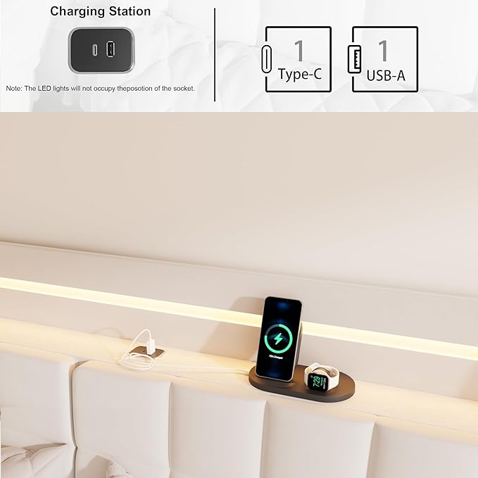 🛏️KKN Queen Bed Frame with LED & USB Ports - Hidden Storage, Solid Wood Slats, bedding for women