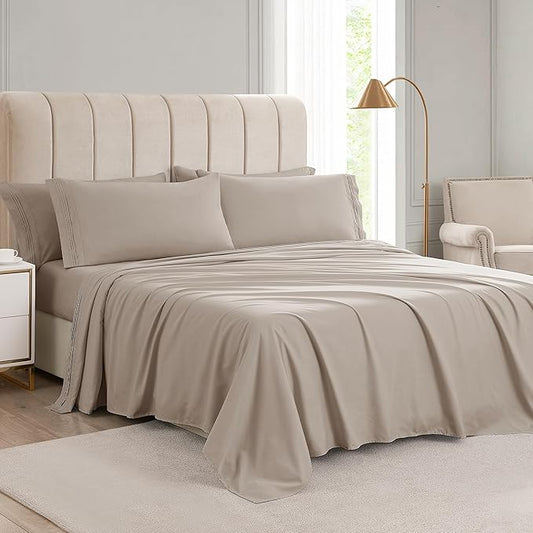 🛌KKN 6-Piece Queen Sheet Set - Luxury Hotel Bedding for Women & Men, Soft & Cooling Brushed Microfiber with Deep Pockets, Wrinkle-Free & Easy Care（Khaki）