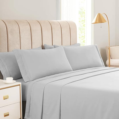 🛌KKN 6-Piece Queen Sheet Set - Luxury Hotel Bedding for Women & Men, Soft & Cooling Brushed Microfiber with Deep Pockets, Wrinkle-Free & Easy Care（Light Grey）