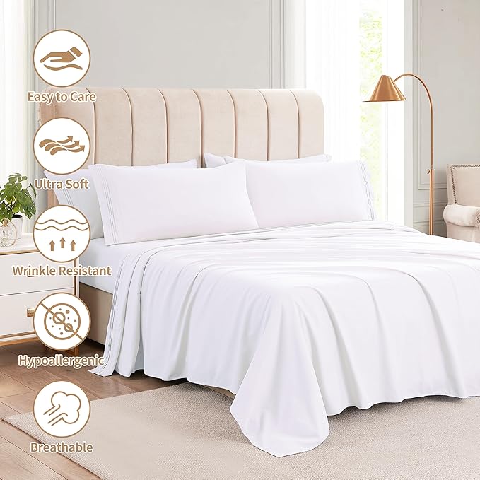 🛌KKN 6-Piece Queen Sheet Set - Luxury Hotel Bedding for Women & Men, Soft & Cooling Brushed Microfiber with Deep Pockets, Wrinkle-Free & Easy Care（White）