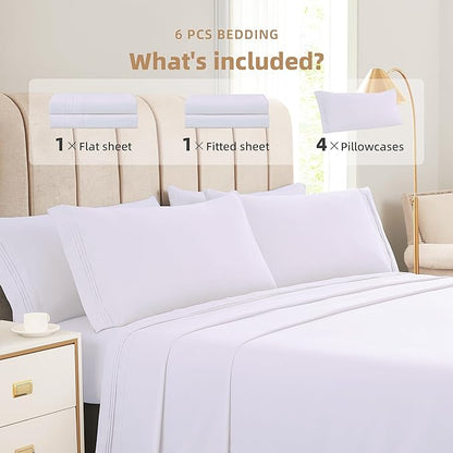 🛌KKN 6-Piece Queen Sheet Set - Luxury Hotel Bedding for Women & Men, Soft & Cooling Brushed Microfiber with Deep Pockets, Wrinkle-Free & Easy Care（White）