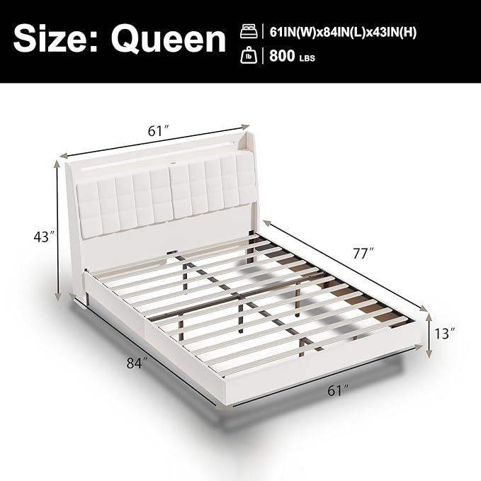 🛏️KKN Queen Bed Frame with LED & USB Ports - Hidden Storage, Solid Wood Slats, bedding for women