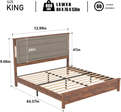 KKN Queen Size Bed Frame, Wooden Headboard, Upholstered Platform Foundation, Strong Wooden Slat Support, Steel Slats Support, No Box Spring Needed, Noise Free, Brownish red