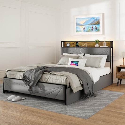 KKN Luxury Modern Bed Frame with Storage, USB Charging, and RGB Lights