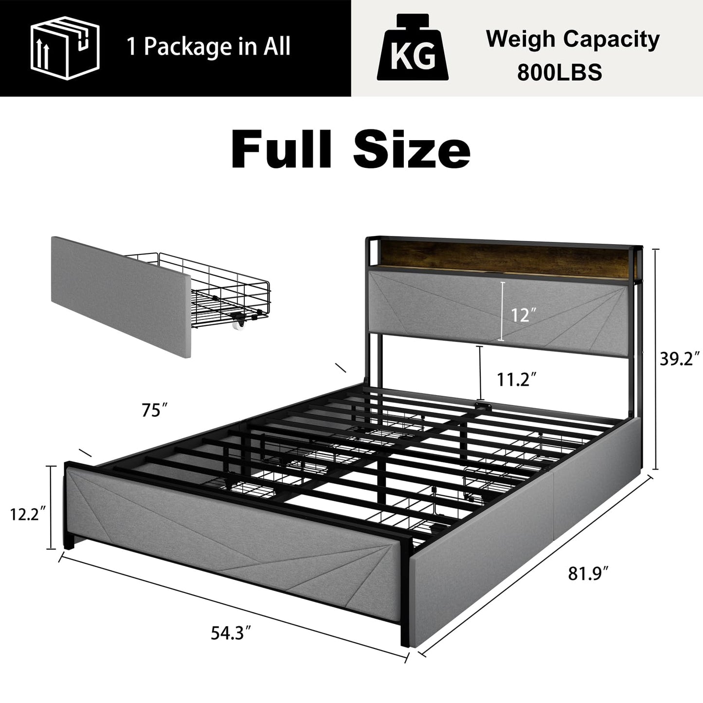 KKN Luxury Modern Bed Frame with Storage, USB Charging, and RGB Lights