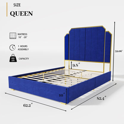 KKN Elevate Luxury Bed Frame - P2 MDF & Metal | Velvet Upholstery | Extra Tall Headboard | Storage Drawers | Ivory White & Pale Gold