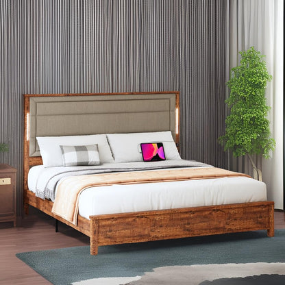 KKN Queen Size Bed Frame, Wooden Headboard, Upholstered Platform Foundation, Strong Wooden Slat Support, Steel Slats Support, No Box Spring Needed, Noise Free, Brownish red