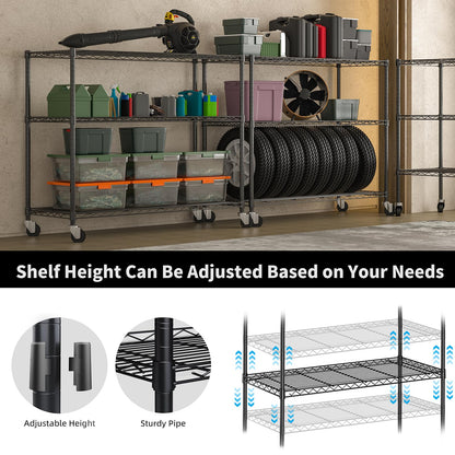 🛠️KKN 3-Tier Heavy Duty Storage Shelves - Adjustable Metal Wire Rack with Wheels & Feet for Pantry, Garage, Kitchen, Warehouse (47.27''L x 18''W x 39.27''H, Black)