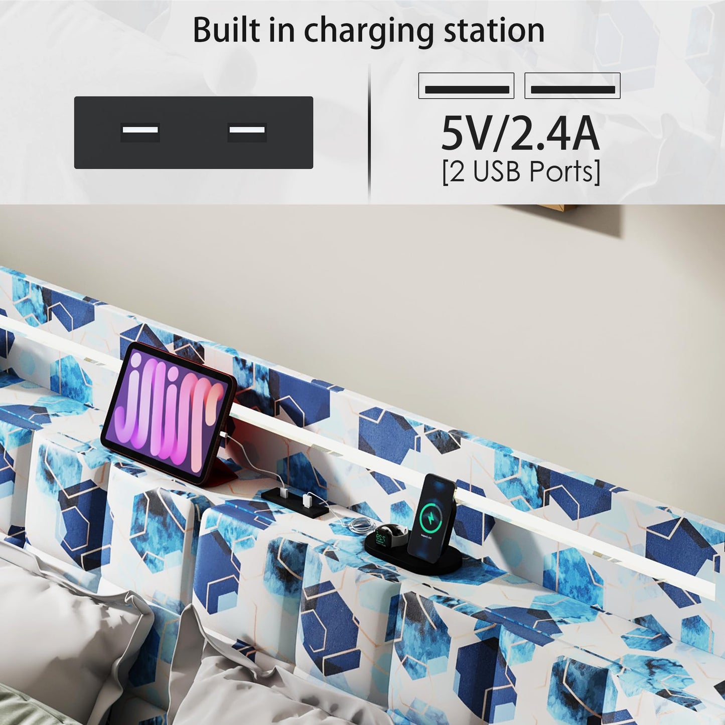 Noise-Free Queen Bed Frame with USB Charging and Hidden Storage