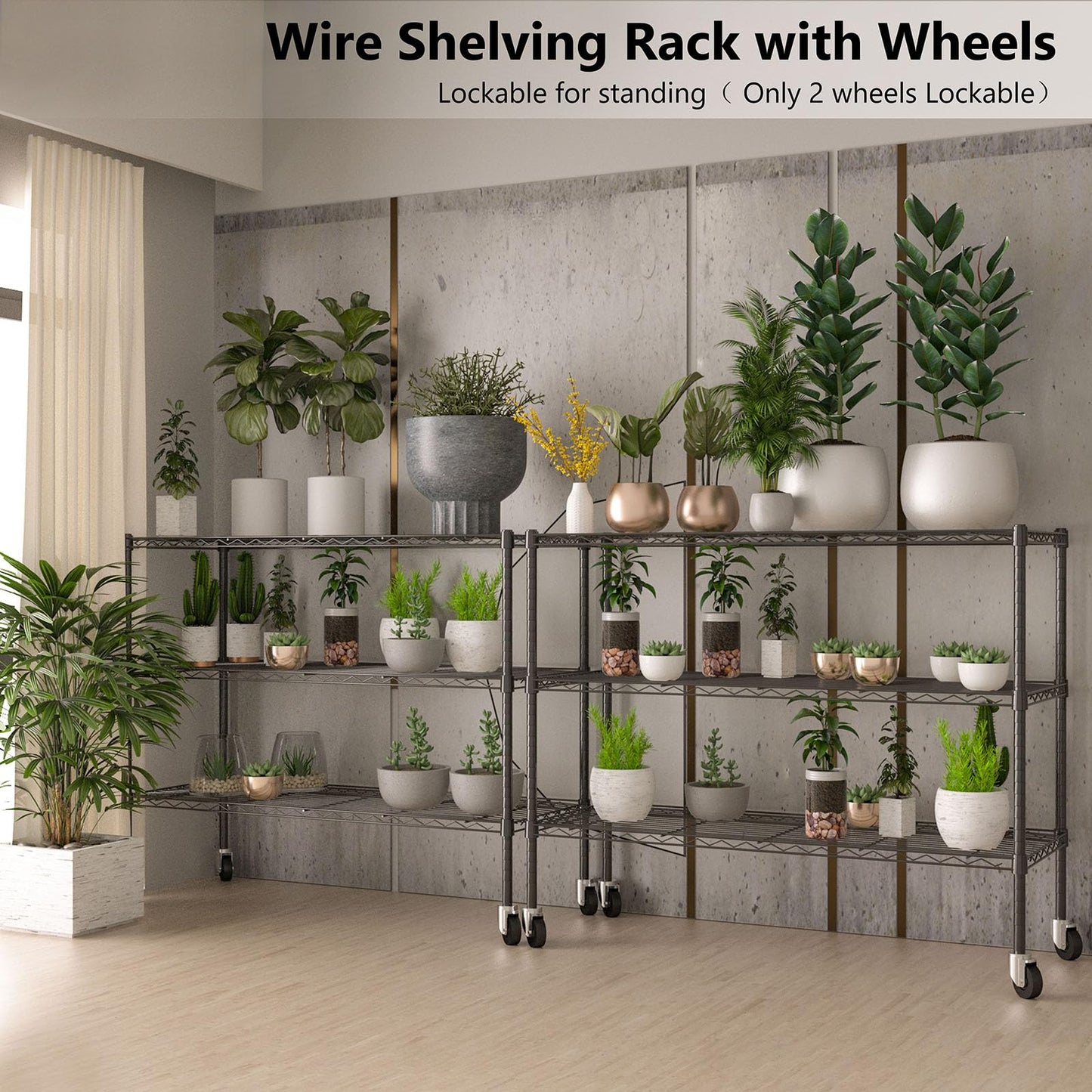 🛠️KKN 3-Tier Heavy Duty Storage Shelves - Adjustable Metal Wire Rack with Wheels & Feet for Pantry, Garage, Kitchen, Warehouse (47.27''L x 18''W x 39.27''H, Black)