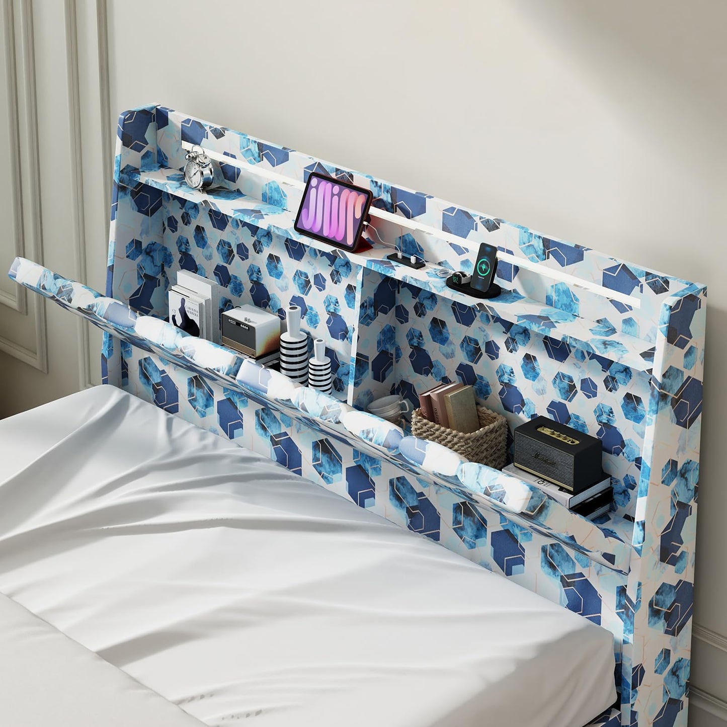 Noise-Free Queen Bed Frame with USB Charging and Hidden Storage