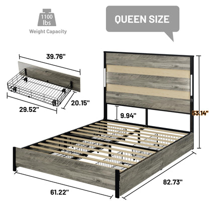 KKN Queen Bed Frame with Wooden Headboard and Footboard, 83 * 61 * 53in No Box Spring Needed, Noise Free, Under Bed Storage, Easy Assembly,Gray